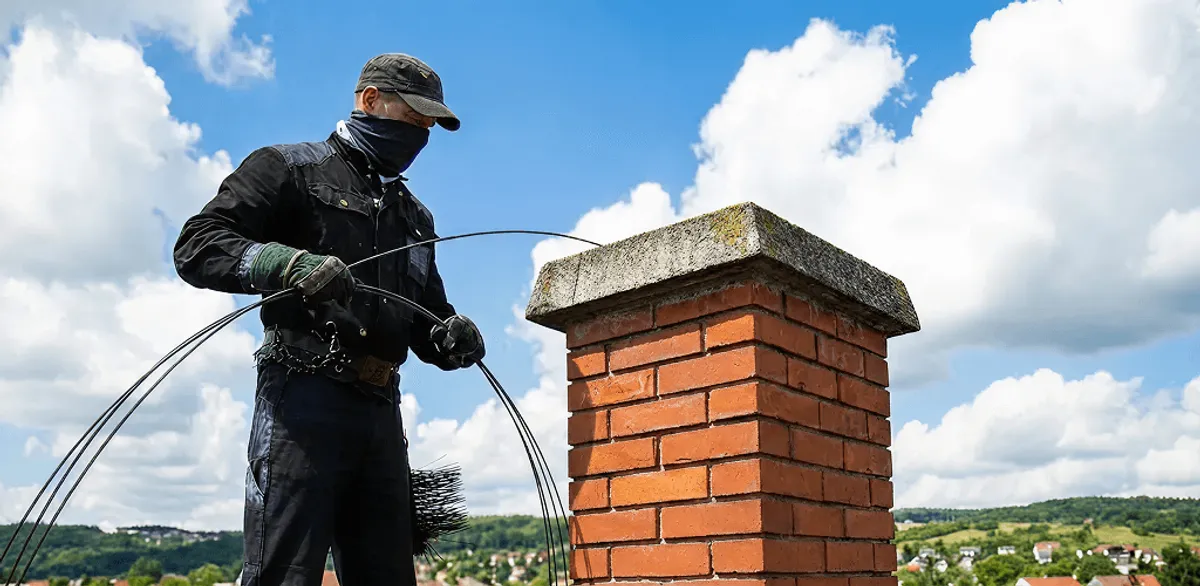 Chimney sweep cleaning a brick chimney with professional tools in Anaheim, CA